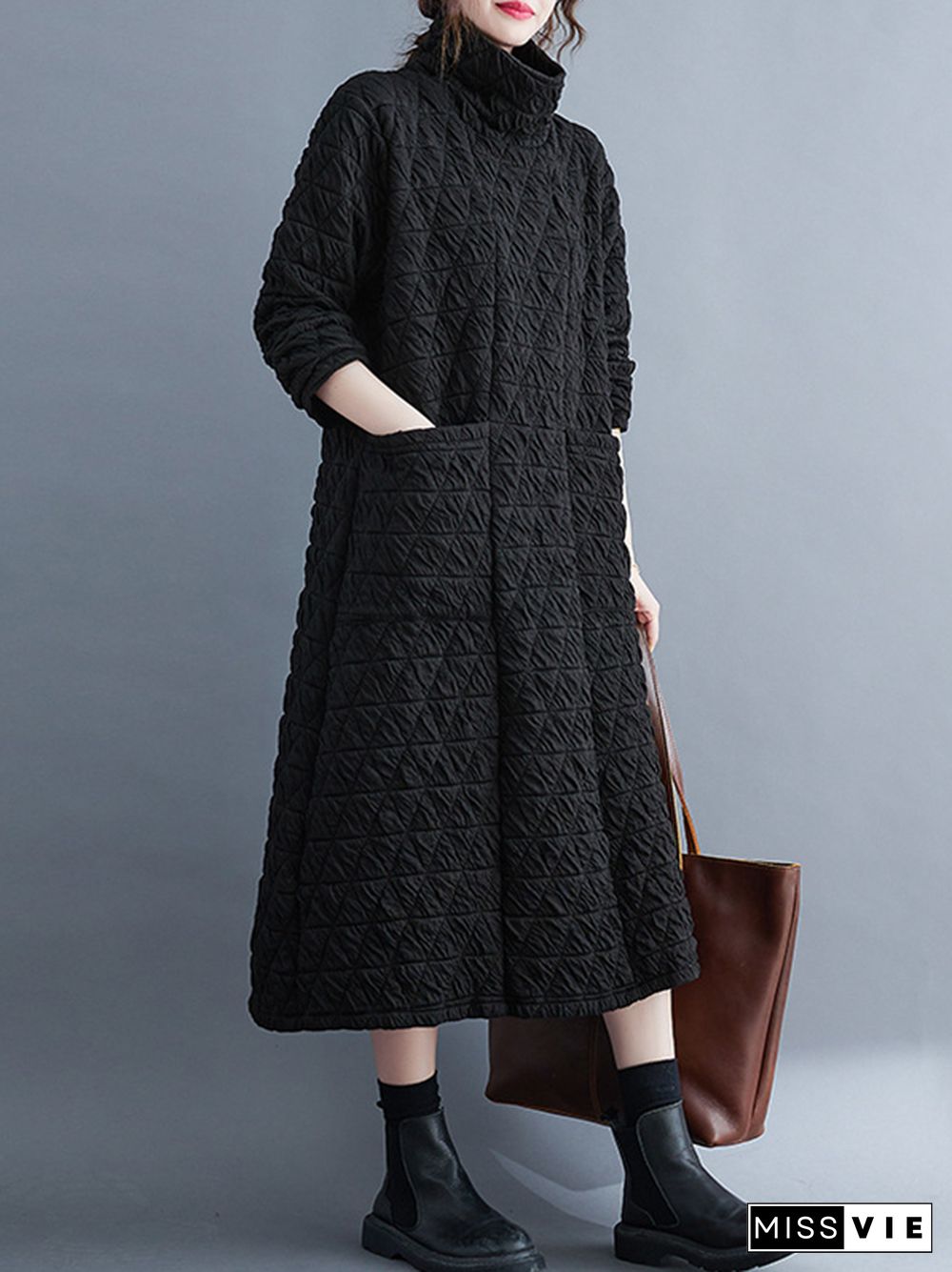 Casual Long Sleeves Loose Solid Color Textured High-Neck Cotton Padded Midi Dresses