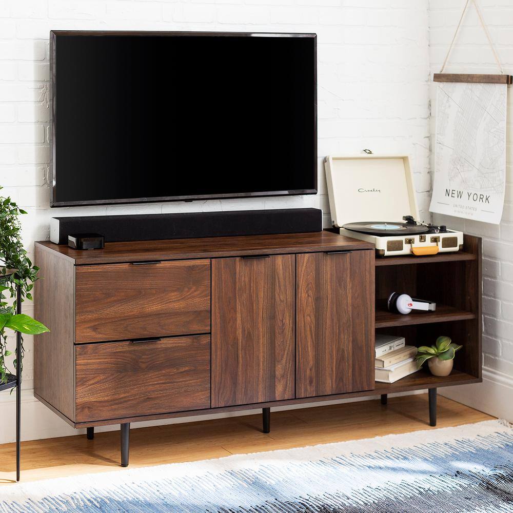 Welwick Designs 58 in. Dark Walnut Wood TV Stand with 2 Drawer Fits TVs Up to 64 in. with Storage Doors HD8107