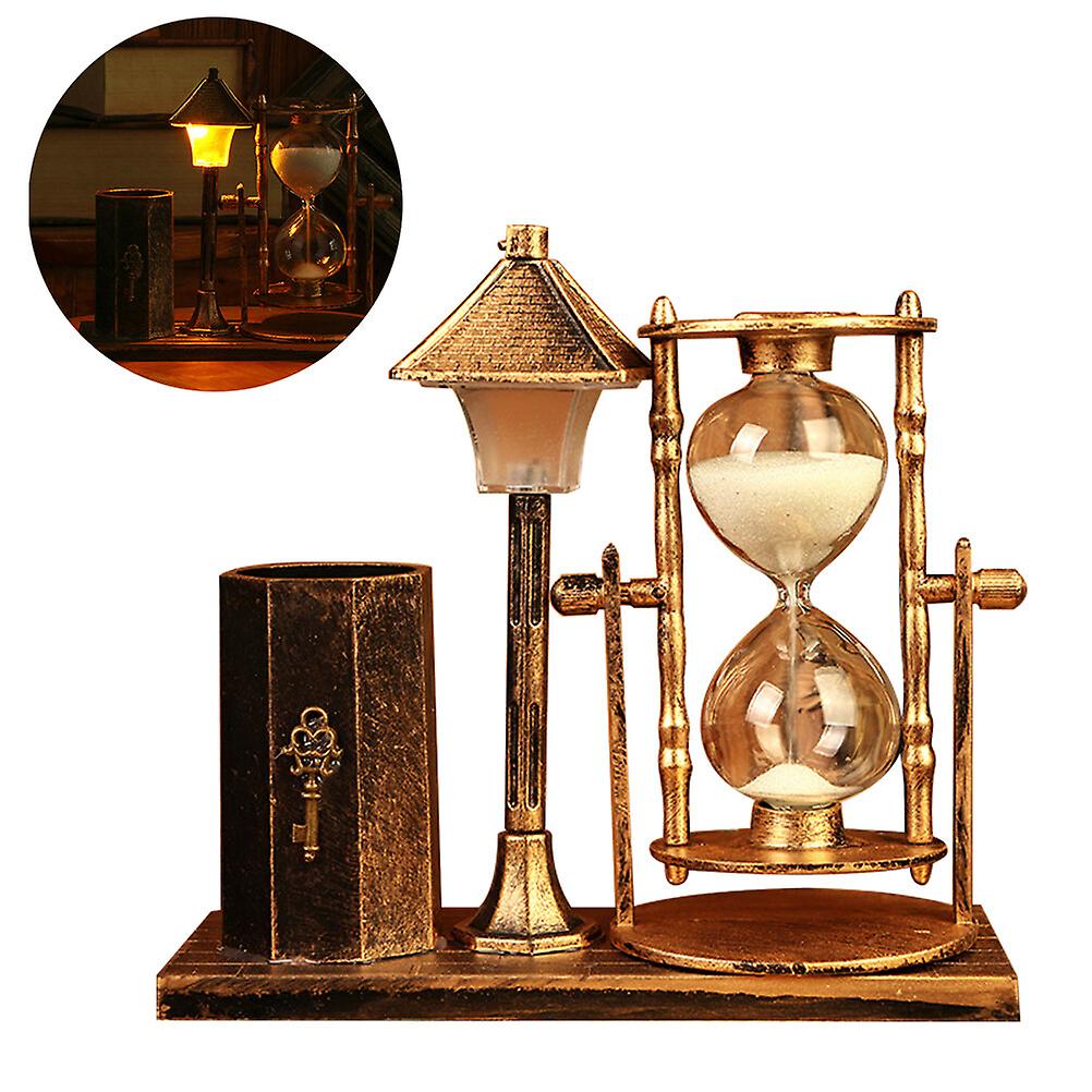 Creative Sand Glass Antique Street Lamp Hourglass Pen Holder Delicate Night Light Desktop Handicraft Gift (golden Random Style)