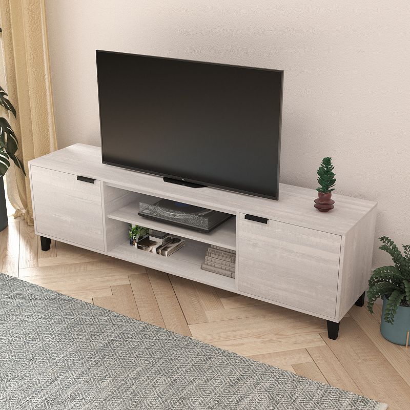 Merrick Lane Walter Mid-Century Modern TV Stand with Adjustable Open Shelves and Two Doors