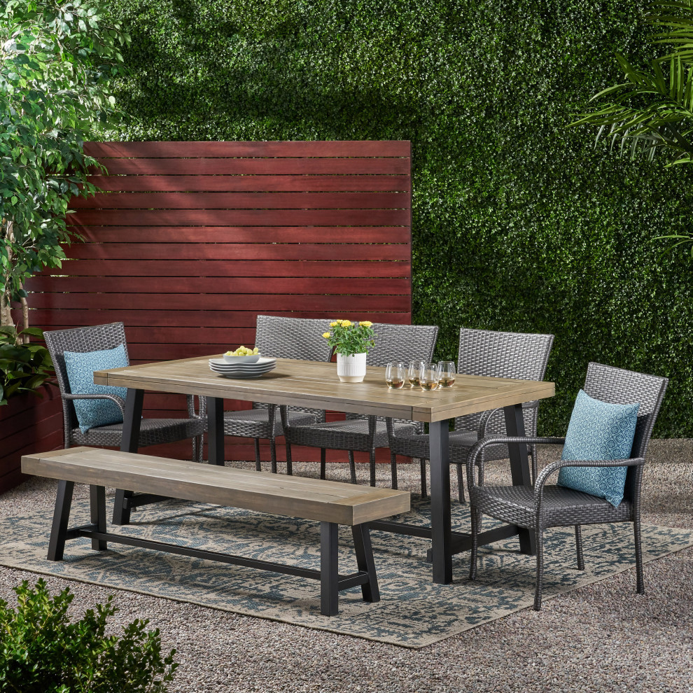 Lyons Outdoor Acacia Wood 8 Seater Dining Set With Dining Bench   Tropical   Outdoor Dining Sets   by GDFStudio  Houzz