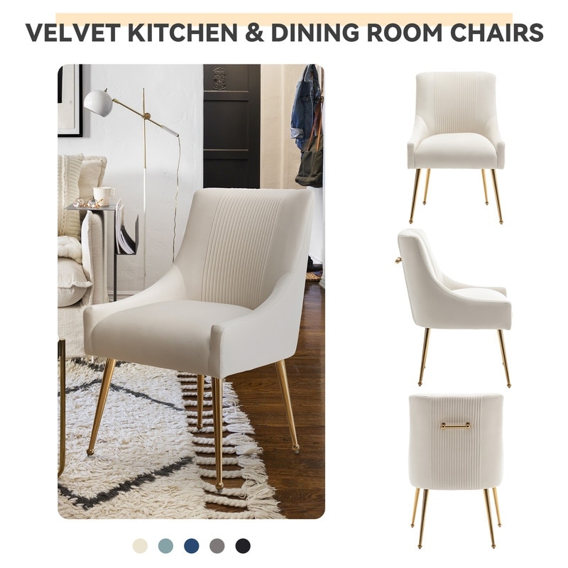 SEYNAR Modern Glam Boucle Pleated Velvet Dining Chair or Vanity Chair Set of 2 with Rear Handle