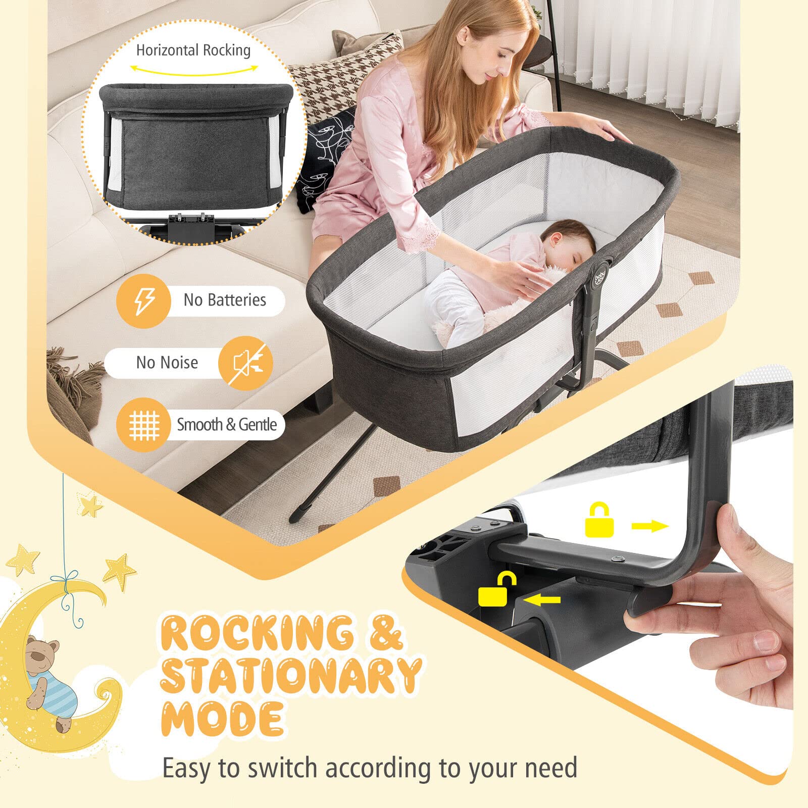 Costzon Manual Rocking Bedside Bassinet for Baby, Easy Folding Portable Baby Crib