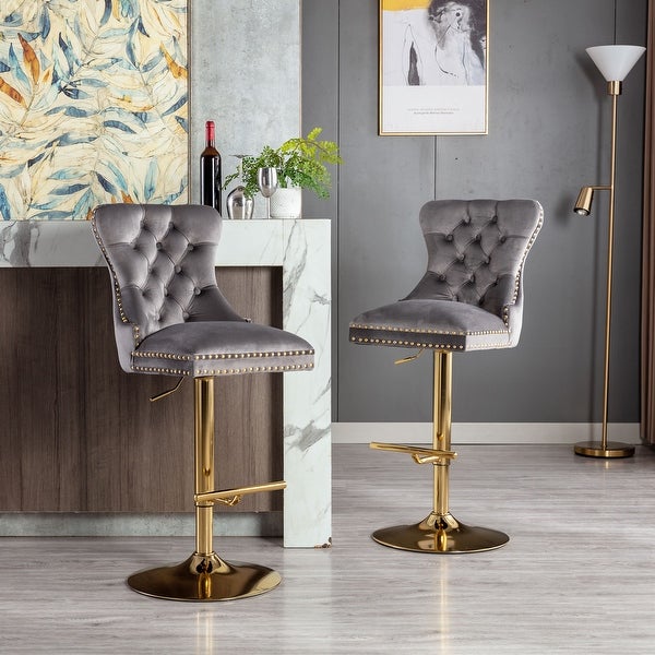 Modern Swivel Bar Stools Set of 2 Adjustable Counter Height with Velvet Upholstered Stool with High Back and Ring Pull