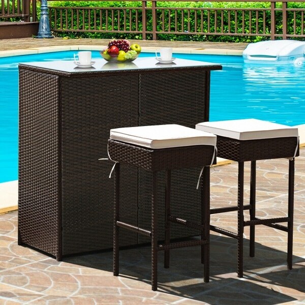 3-piece Rattan Wicker Bar Table Stools Dining Set Cushioned Chairs - 40