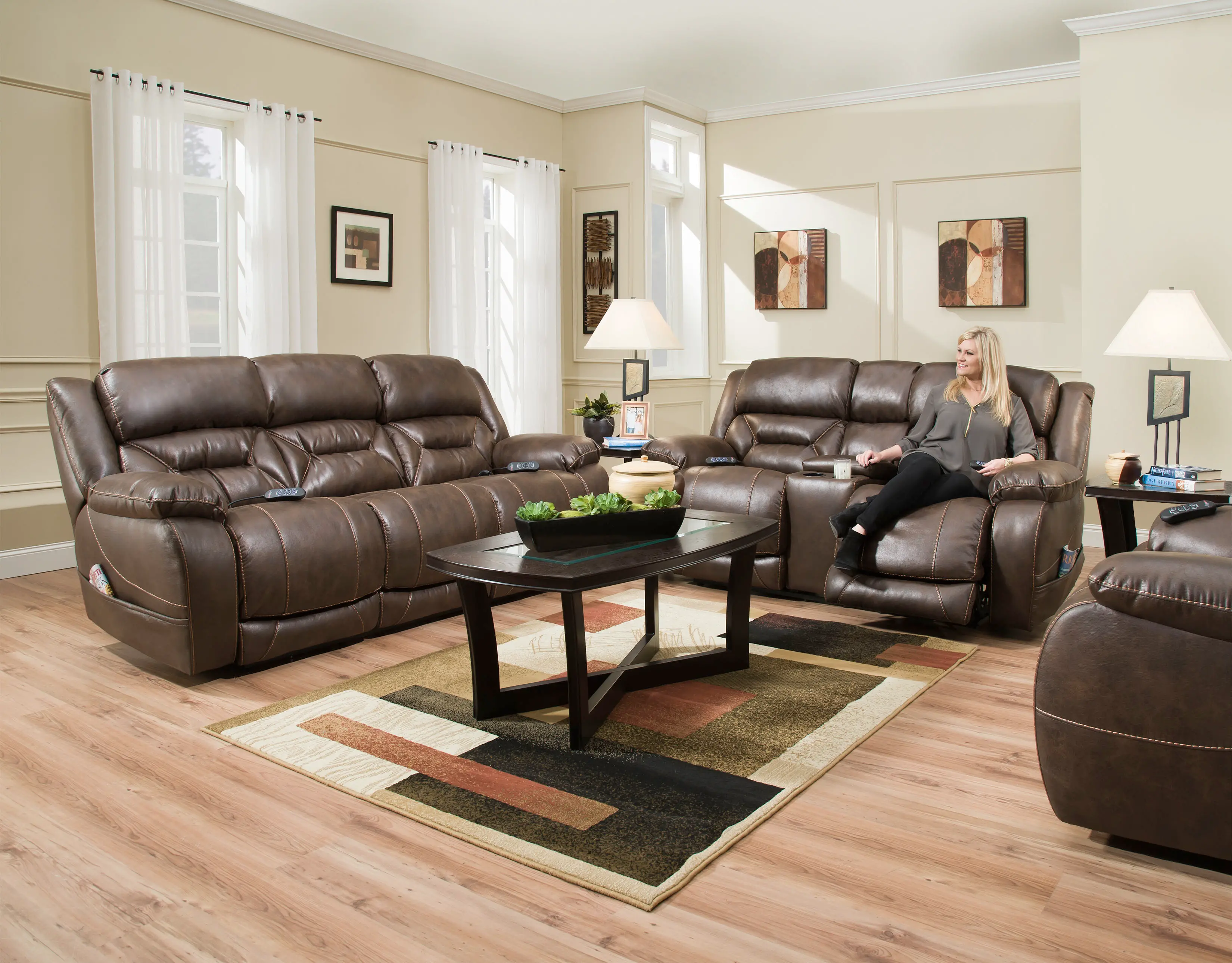 Enterprise Walnut Brown Power Reclining Sofa with Power Headrests