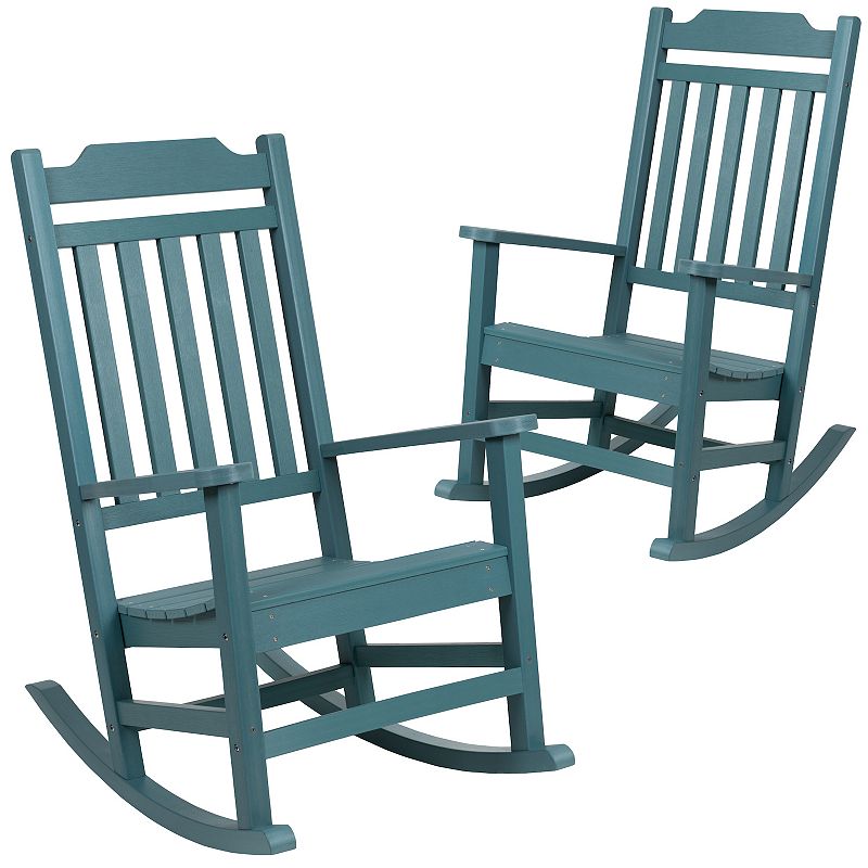 Emma and Oliver Set of 2 All-Weather Poly Resin Faux Wood Rocking Chairs for Porch andPatio