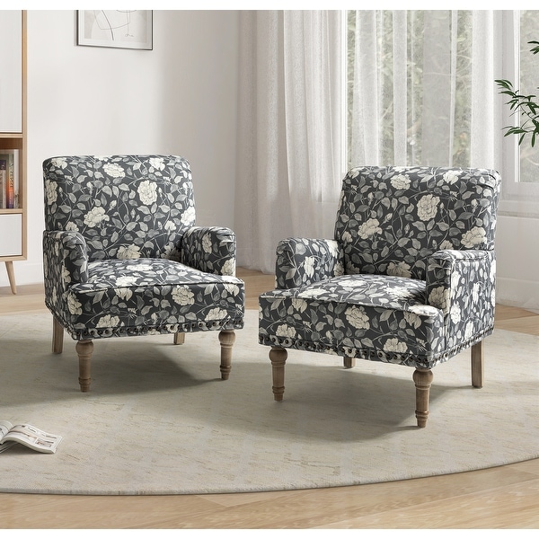 Geltrude Traditional Floral Fabric Design Upholstered Accent Armchair with Nailhead Trim Set of 2 by HULALA HOME