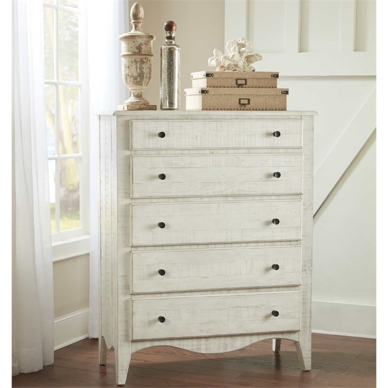 Modus Furniture Ella Solid Wood Five Drawer Chest, White Wash