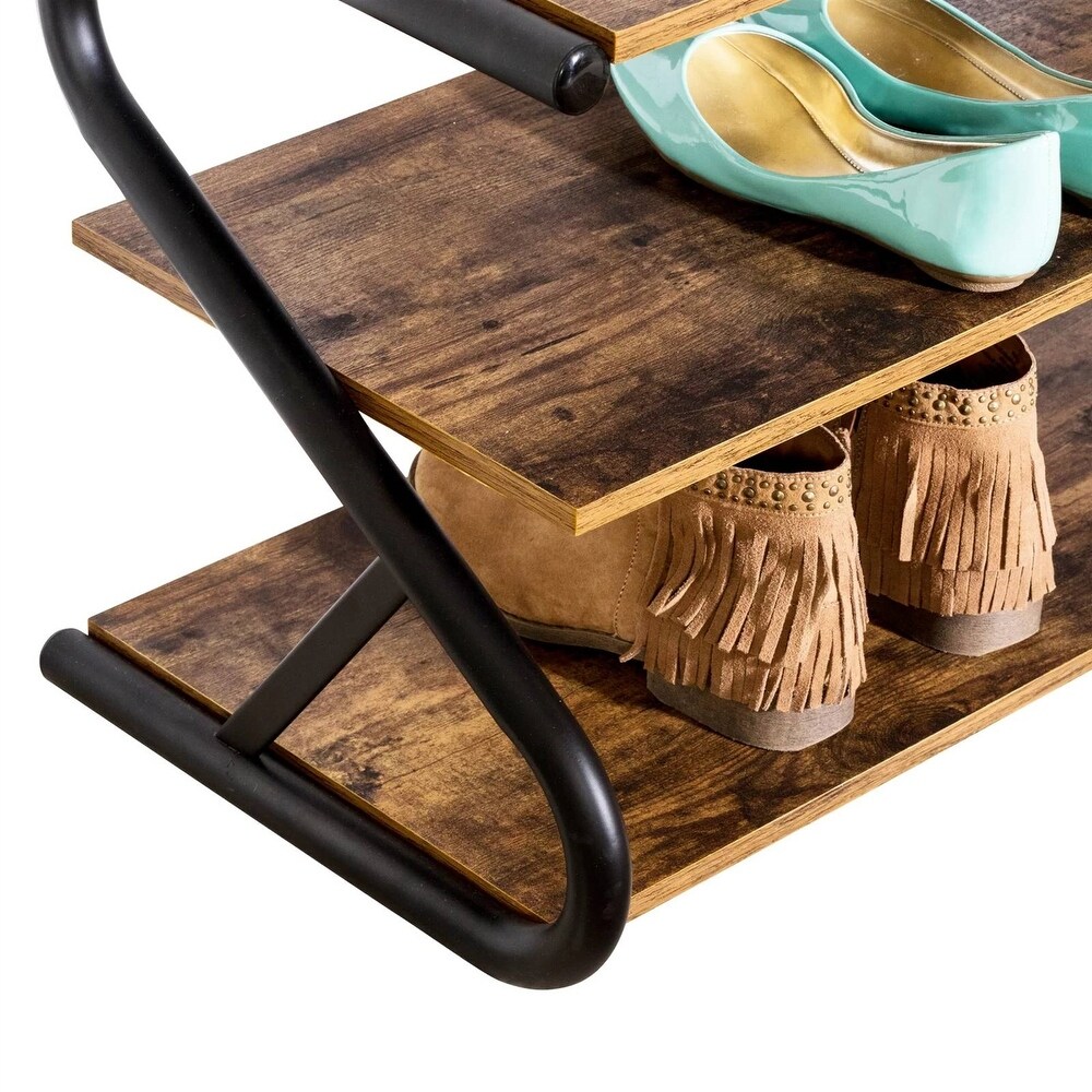 Modern Industrial Metal Wood 3 Tier Shoe Rack   Holds up to 9 Pair of Shoes   15.98'' H x 25.79'' W x 13.39'' D