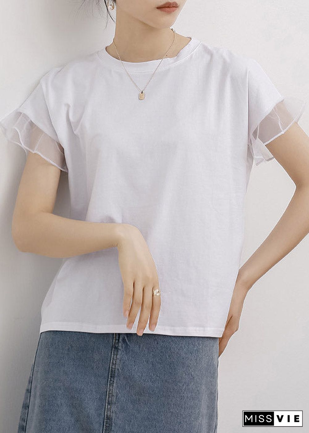 White O-Neck Ruffled Cotton T Shirt Short Sleeve