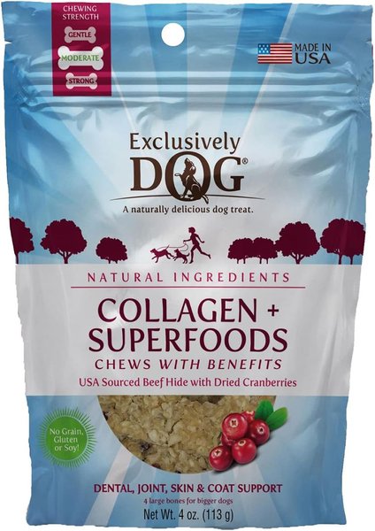 Exclusively Pet Collagen + Superfood Chews Cranberry Dental Dog Treats， 4-oz bag