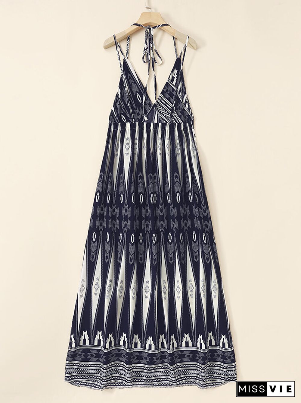 Tribal Geo Print Tie Spaghetti Strap Open Back Maxi Dress