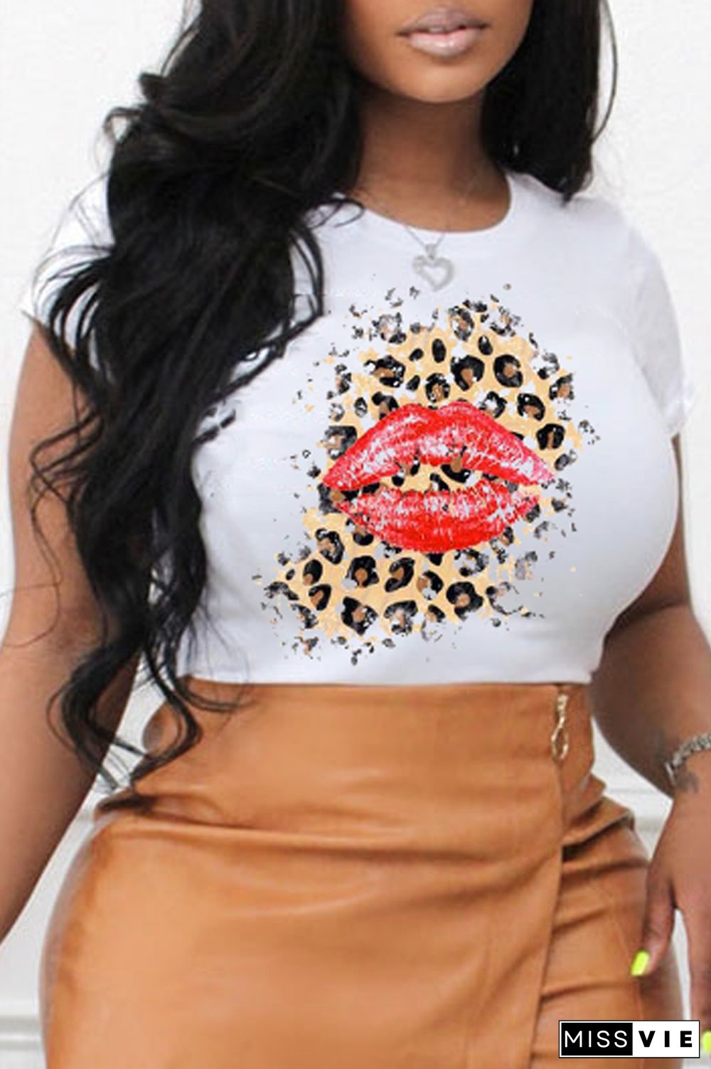 White Street Vintage Lips Printed Patchwork O Neck T-Shirts