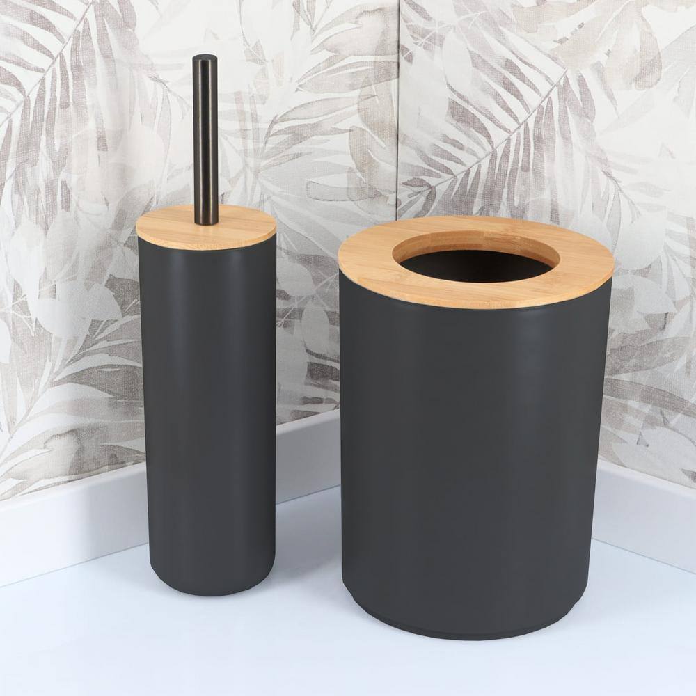 Padang 7--Pieces Bath Accessory Set with Soap Pump Tumbler Soap Dish and Toilet Brush Holder in PVC Black and Bamboo SET7PADANG6174237