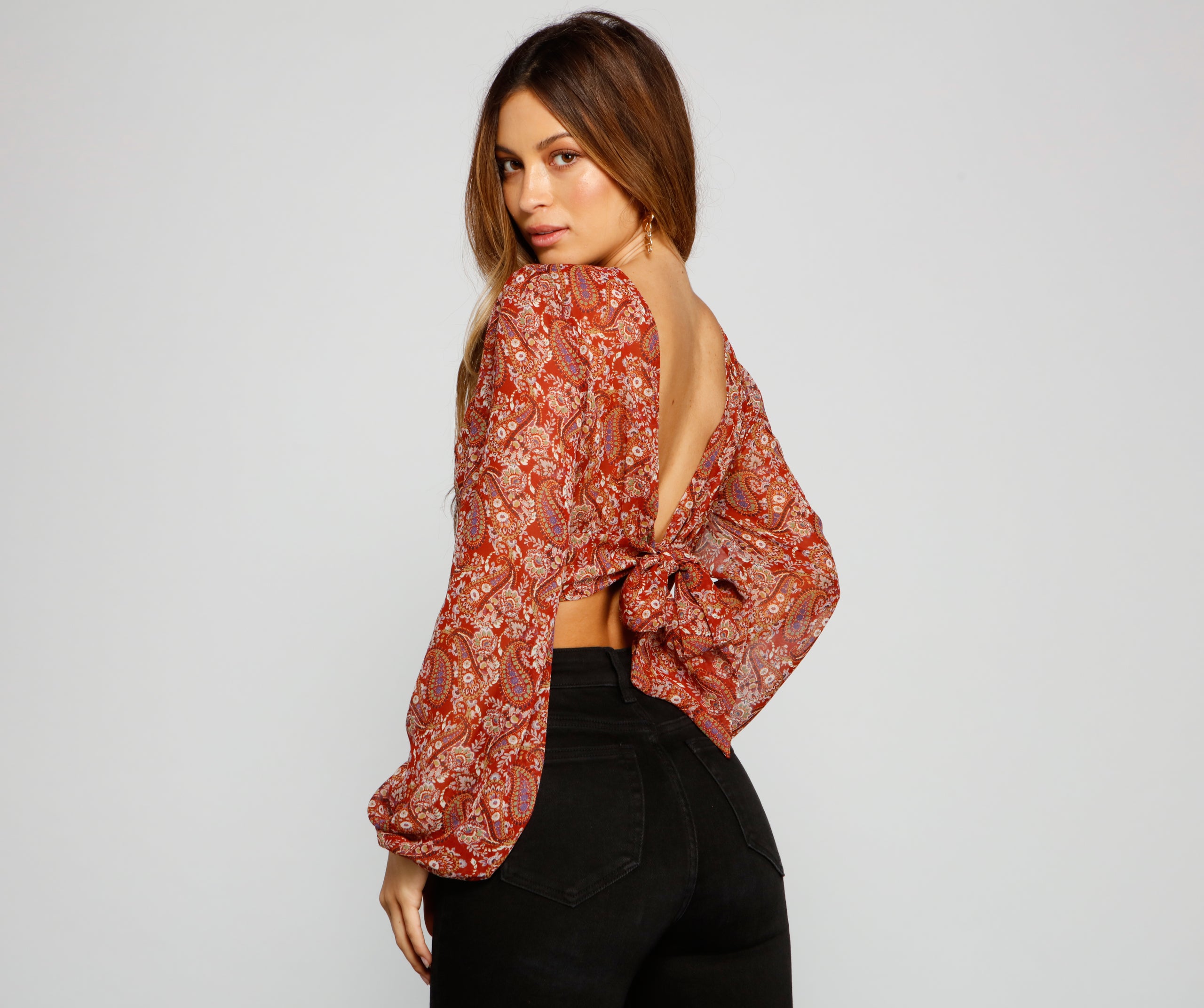 Retro Babe Chiffon Paisley Print Tie-Front Blouse