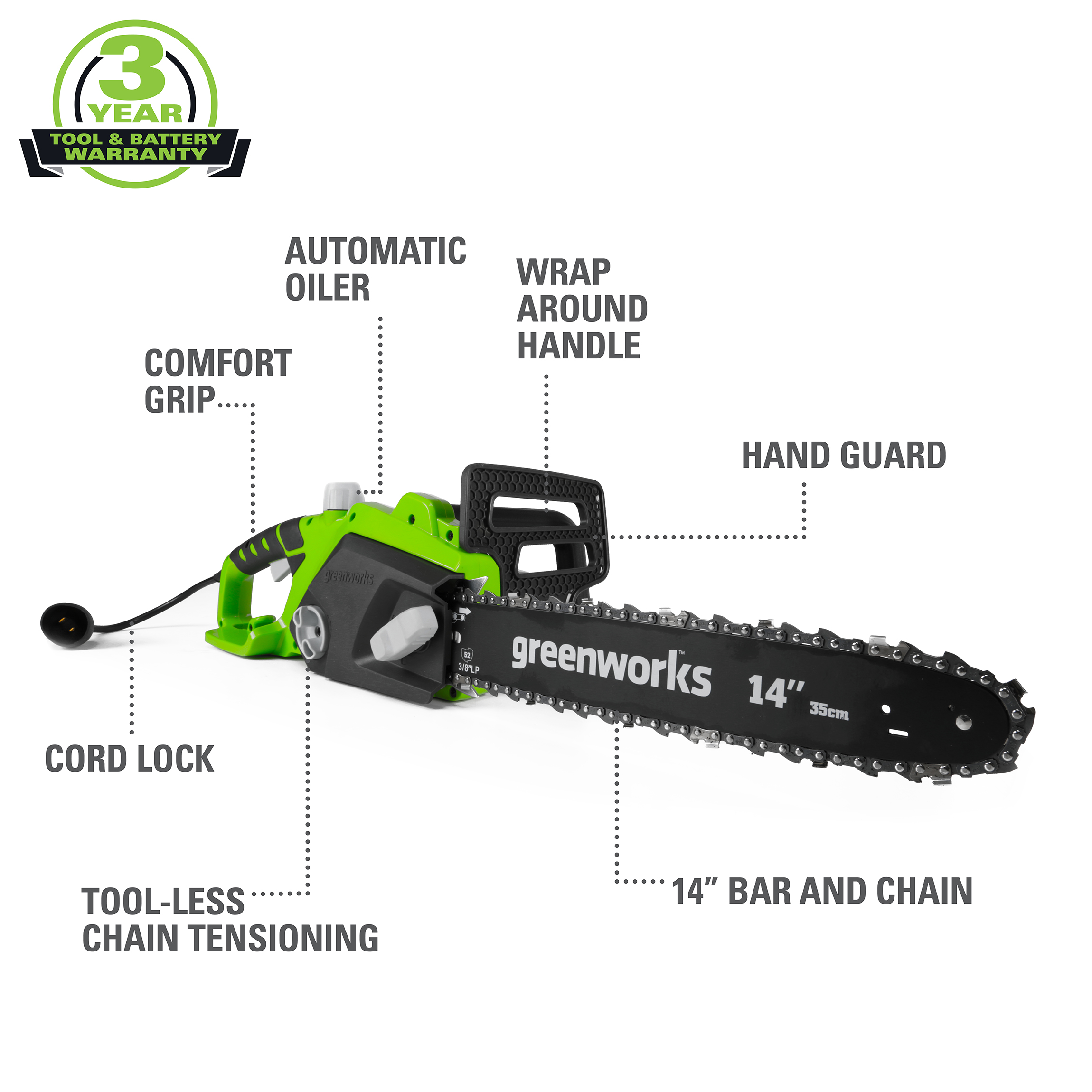 Greenworks 105 Amp 14-inch Corded Electric Chainsaw， 20222