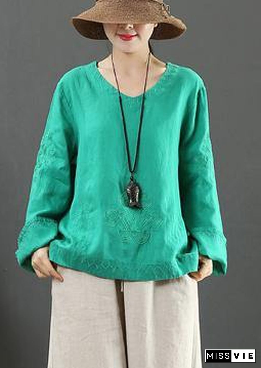 Elegant V Neck Embroidery Spring Tops Women Neckline Green Shirt