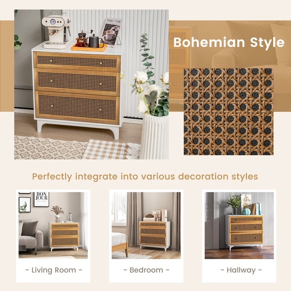 Costway 3-Drawer Rattan Dresser Modern Closet Chest Storage Cabinet - - 38002681