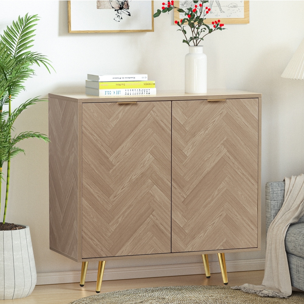 Anmytek Natural Oak Accent Storage Cabinet with 2 Doors Modern Herringbone Sideboard Buffet Cabinet