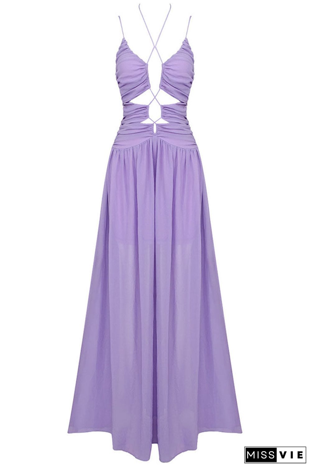 Flowy Deep V Cutout Ruched Sleeveless Chiffon Evening Maxi Dress - Purple