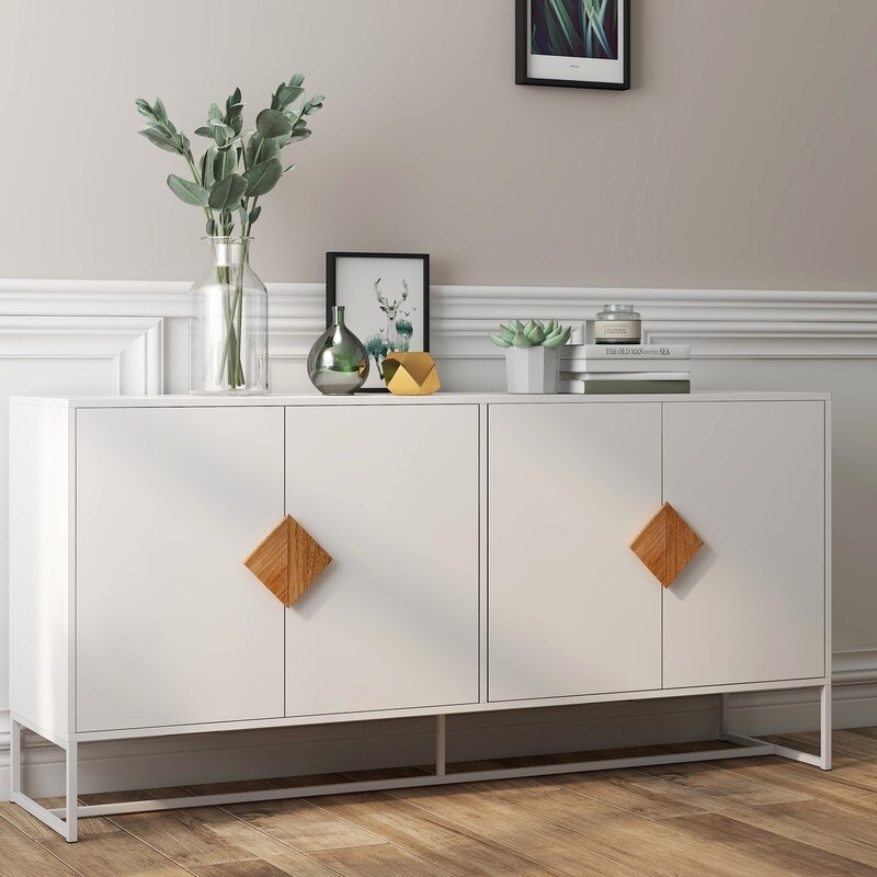 Solid Wood Storage Sideboard Kitchen Cabinet Square Handle Design with 4 Doors