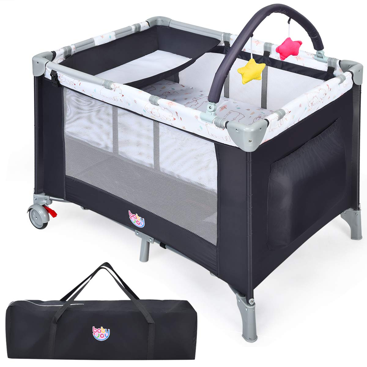 BABY JOY Portable Playard, 3 in 1 Convertible Pack and Play with Bassinet