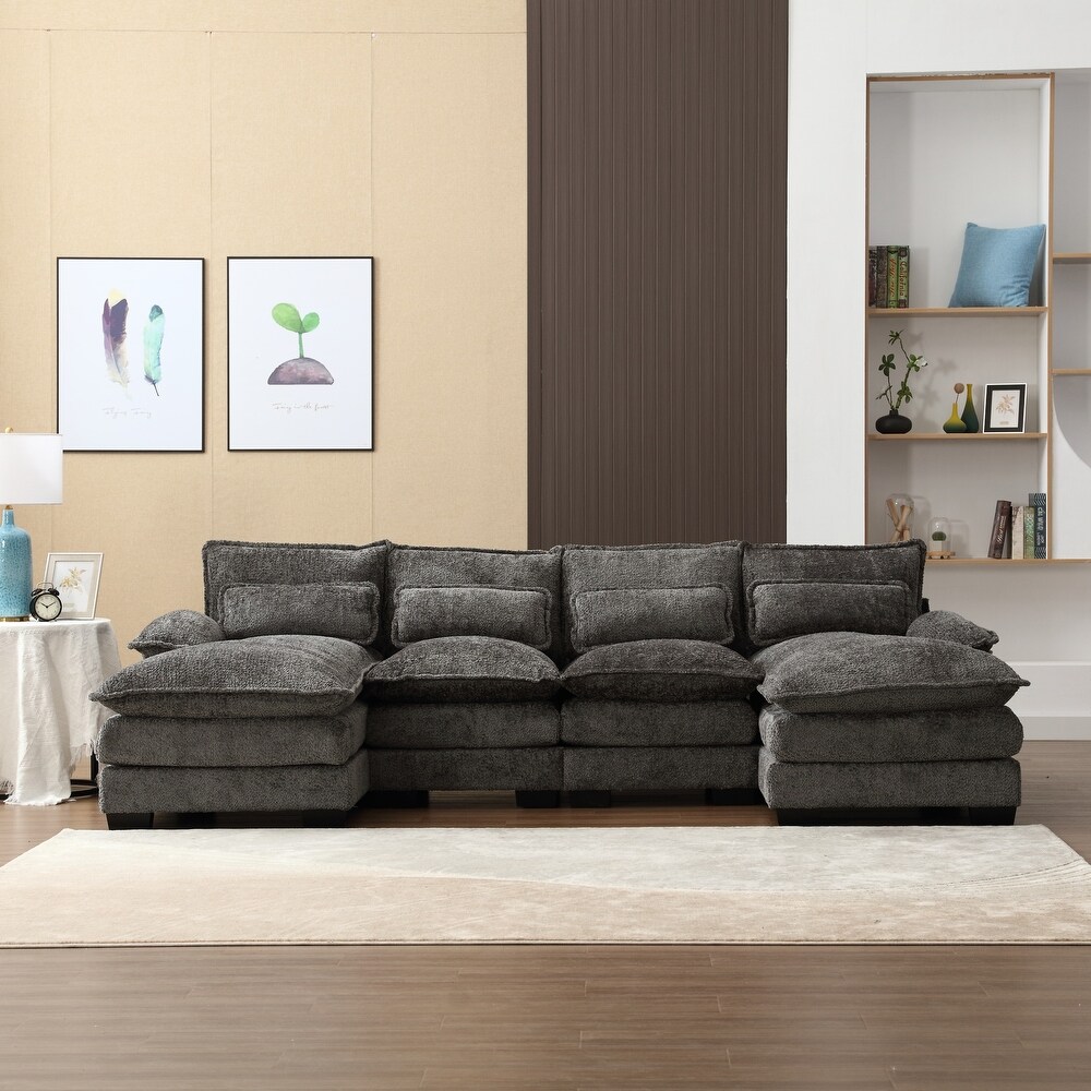 Gray Modern Large Modular U Shape Sectional Sofa with 4 Throw Pillows and Removable Cushions  Pillow Top Arms