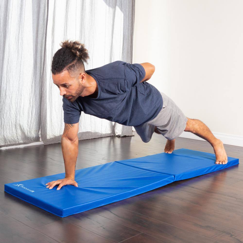 PROSOURCEFIT Bi-Fold Folding Thick Exercise Mat Blue 6 ft. x 2 ft. x 1.5 in. Vinyl and Foam Gymnastics Mat (Covers 12 sq. ft.) ps-1942-dfm-blue