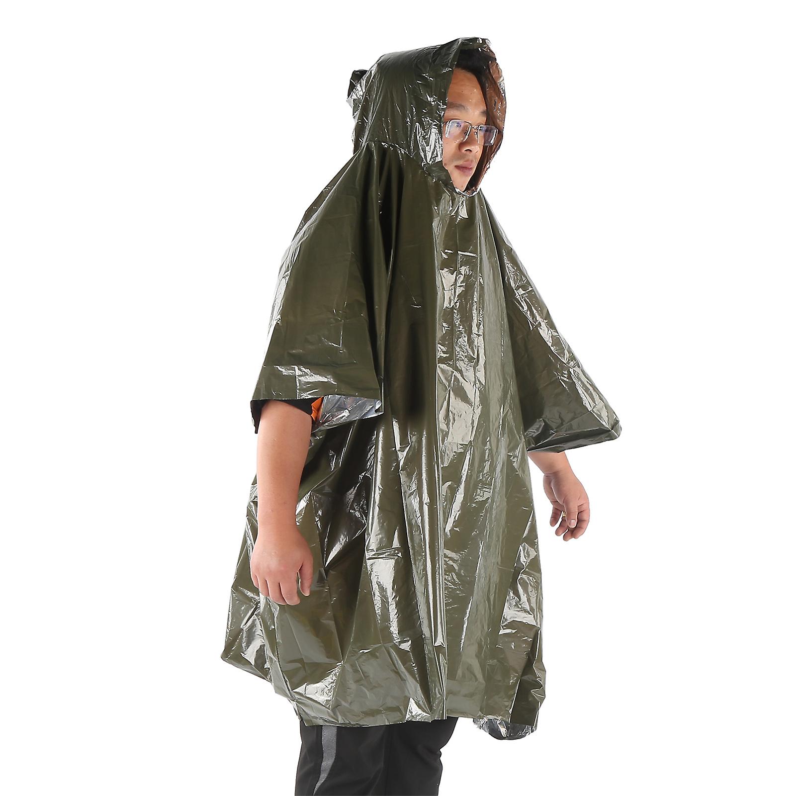 Outdoor Thermal Raincoat With Hood Camping Reusable Cold Insulation Emergency Rainweargreen