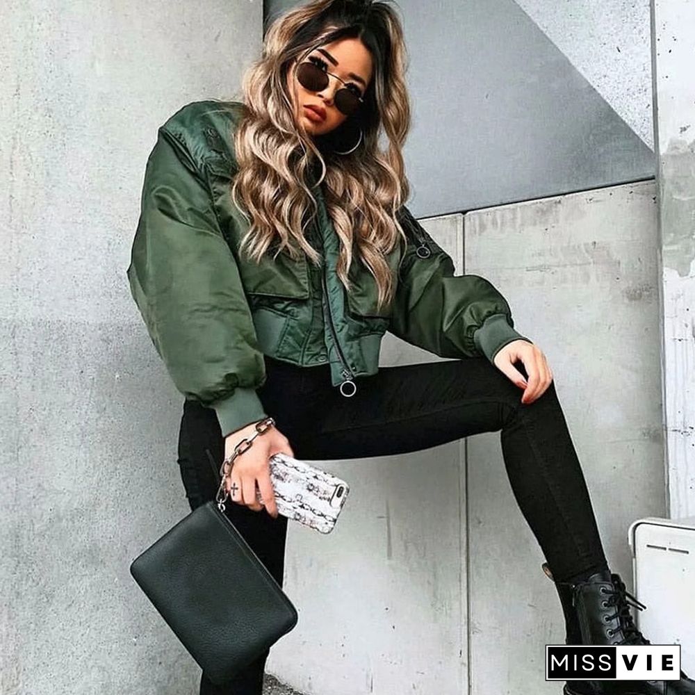 Stylish Lady Autumn Winter Za Green Short Jackets Women Fashion Long Sleeve Zipper Bomber Jacket Outwear Women'S Coat