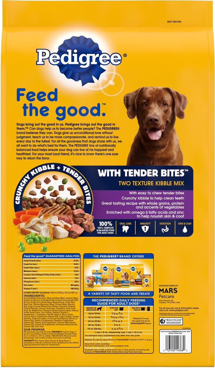 Pedigree Tender Bites Adult Complete Nutrition Beef and Chicken Flavor Dry Dog Food， 14-lb bag