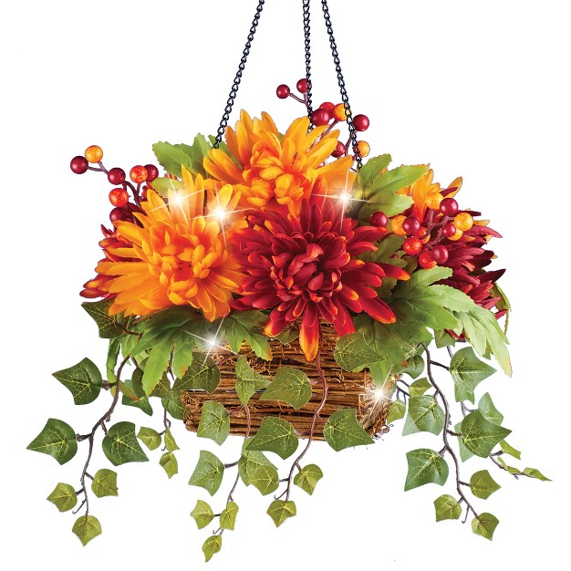 Collections Etc Led Lighted Colorful Mum And Ivy Accent Hanging Basket 14 X 14 X 21 Orange