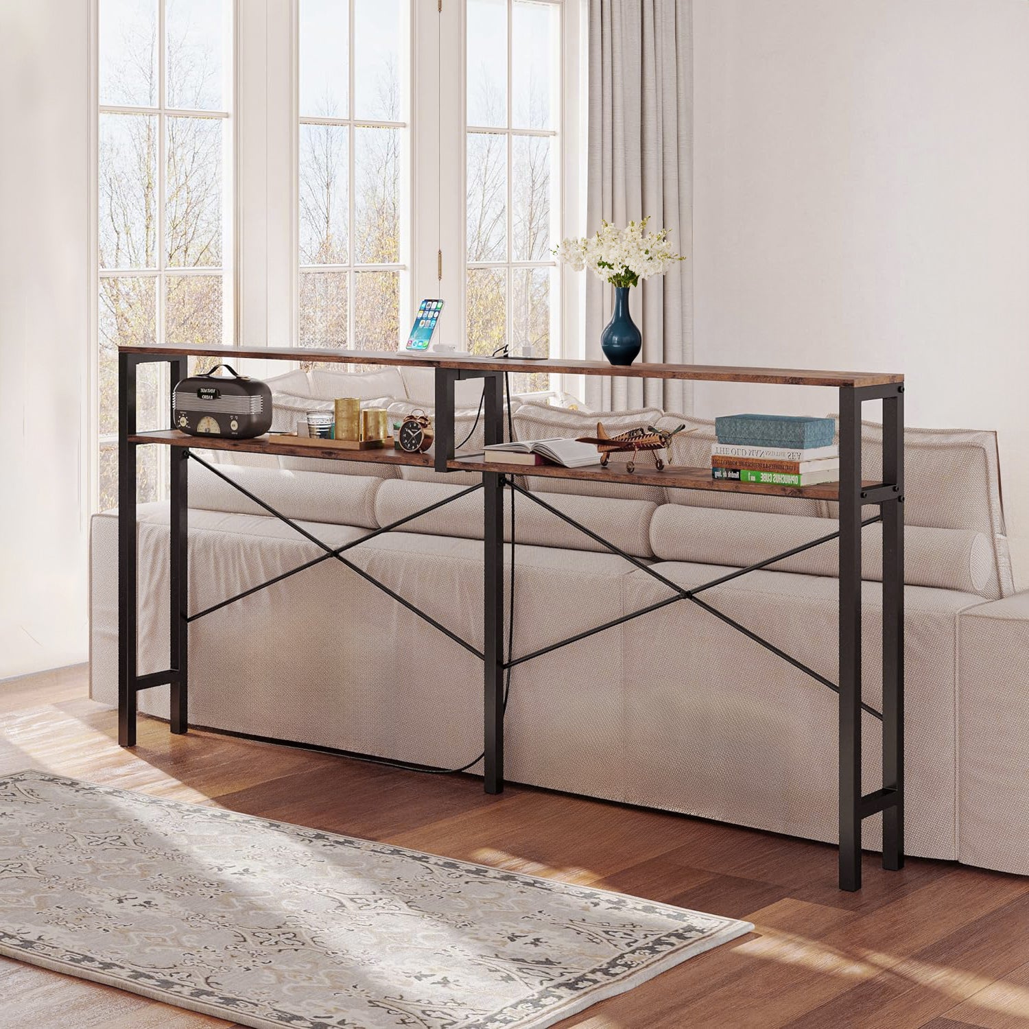 Industrial Console Table X-shaped Entryway Table Narrow Sofa Table with Power Outlet and Shelves