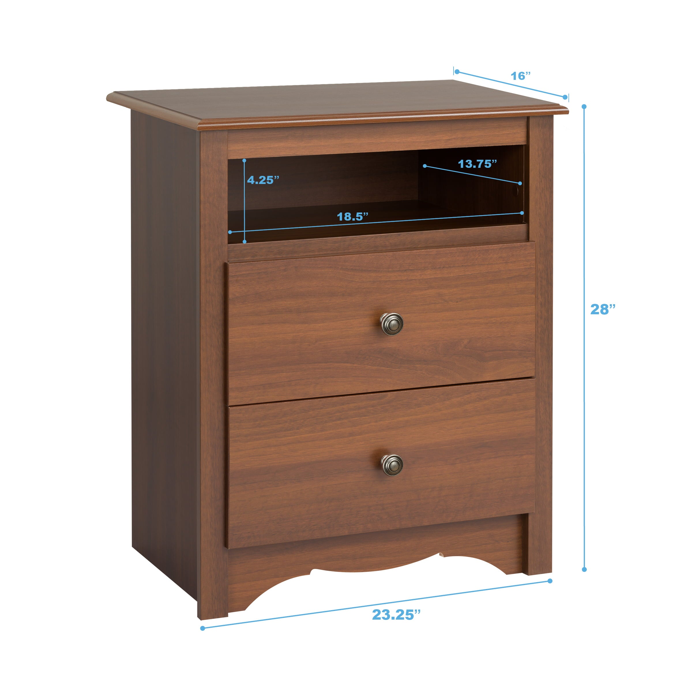 Prepac Monterey Tall 2 - Drawer Nightstand with Open Shelf, Cherry