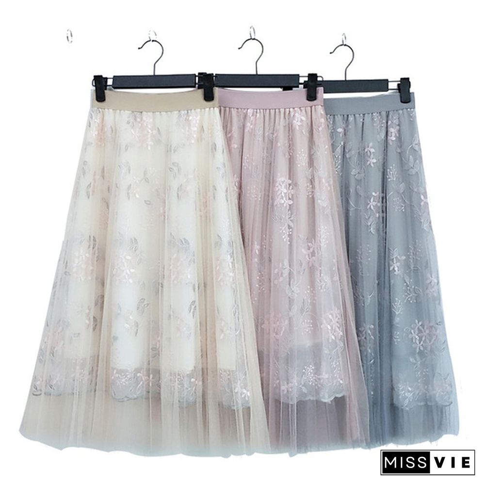 Spring And Summer Korea Mesh Skirt Skirt Heavy Work Embroidery High Waist One Word Long Skirt Fairy Skirt