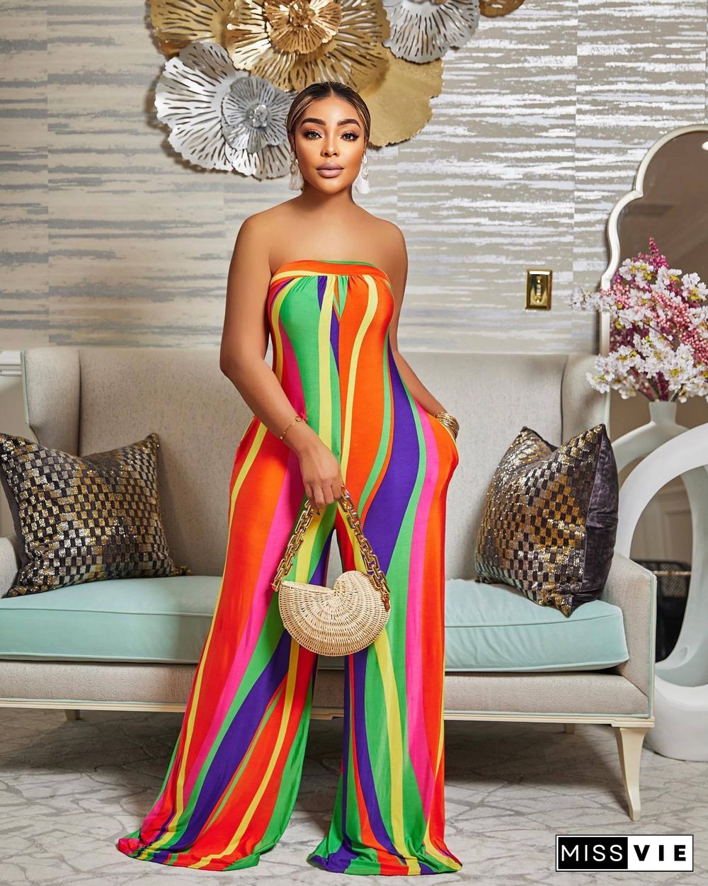 Elegant Striped Strapless Backless Wide Leg Jumpsuit