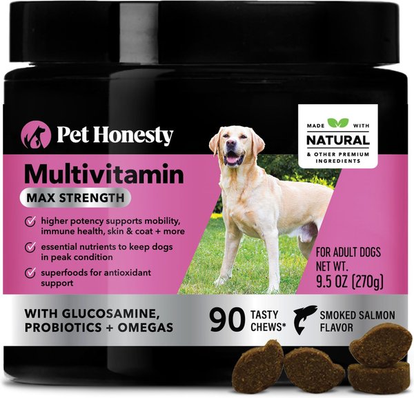 PetHonesty Multi Vitamin Max Strength Smoked Salmon Flavored Soft Chews All-In-One Vitamin Dog Supplement， 90 count