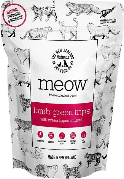 The New Zealand Natural Pet Food Co. Meow Lamb Green Tripe With Green Lipped Mussel Freeze-Dried Cat Treat， 1.4-oz bag