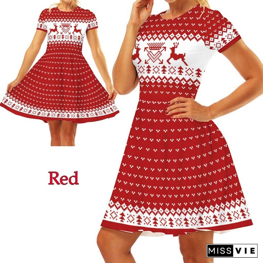 Fashion Christmas Elf Digital Print Women's Short Sleeve Slim Dress