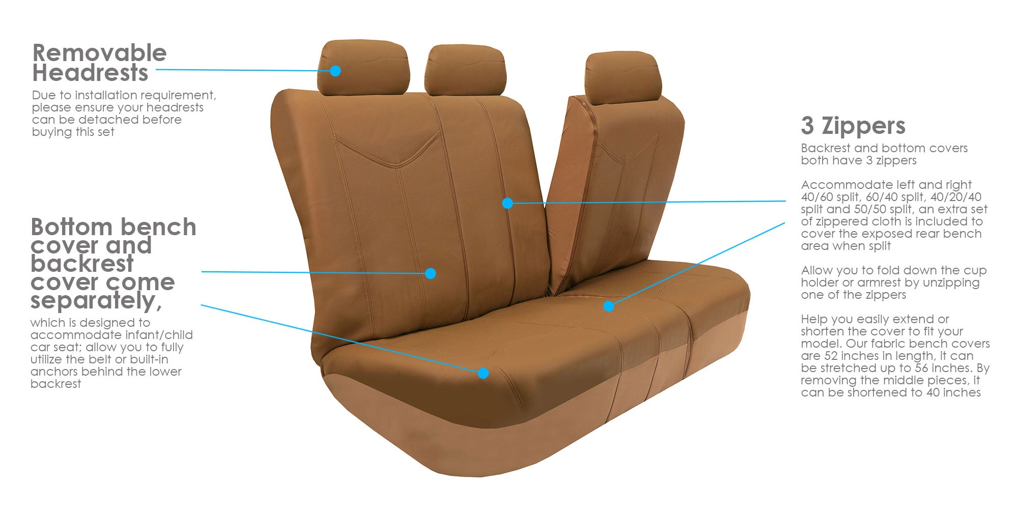 FH Group PU Leather Airbag Compatible Split Bench Seat Covers for Auto， Full set with Carpet Floor Mats， Beige