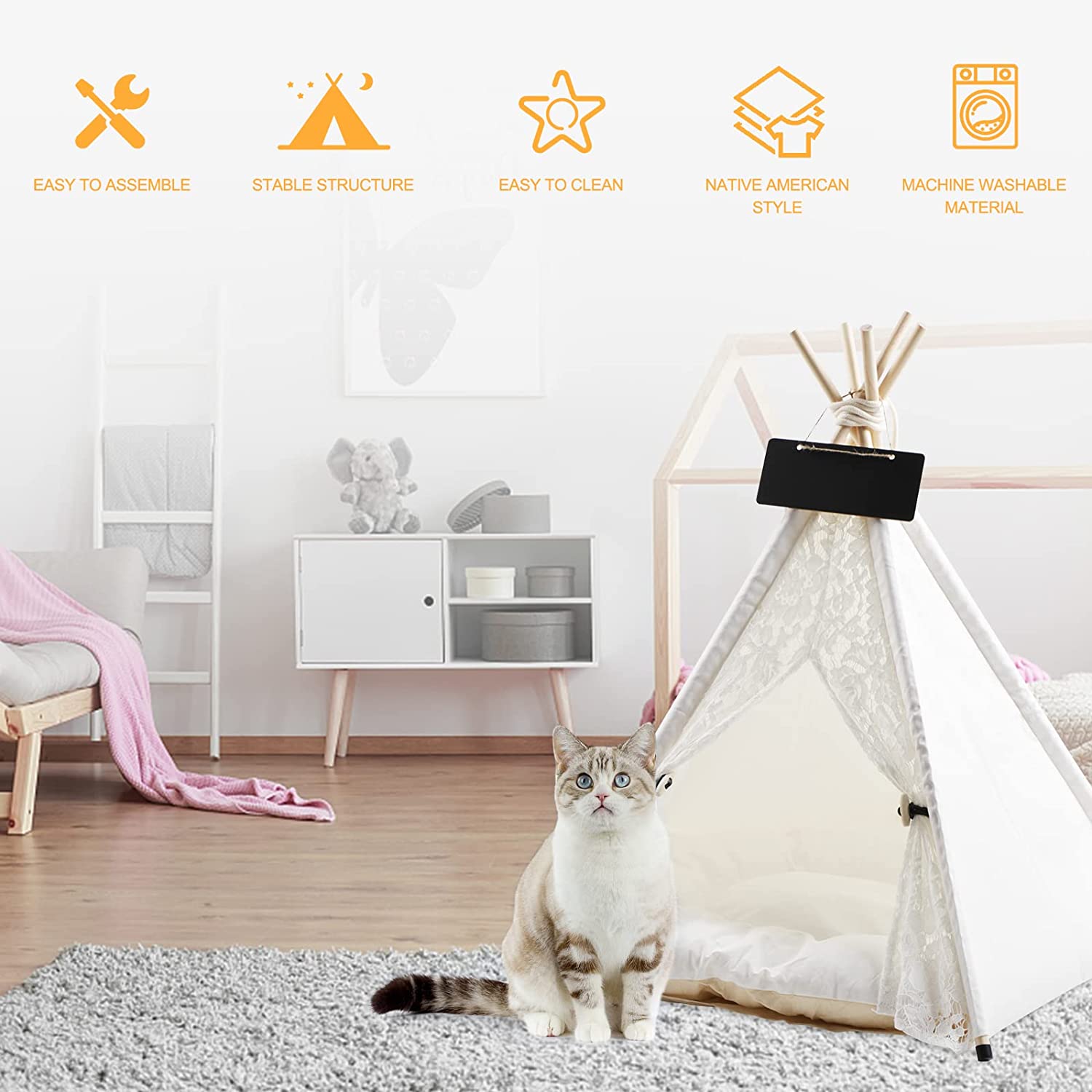 Cat Dog House with Cushion for Medium and Large Pet Outdoor Indoor Washable Foldable Portable Houses Lace Style Pet Teepee Tent m