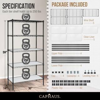 CAPHAUS Black 5-Tier Adjustable Height Welded Steel Garage Storage Unit Shelving with Liner (30 in. W x 59 in. H x 14 in. D) RWW-CH30145L-BK