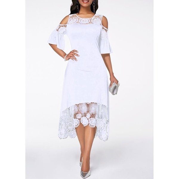 Fashion Women Elegant Crochet Lace Cold Shoulder Long Dress Party Casual Dress Plus Size