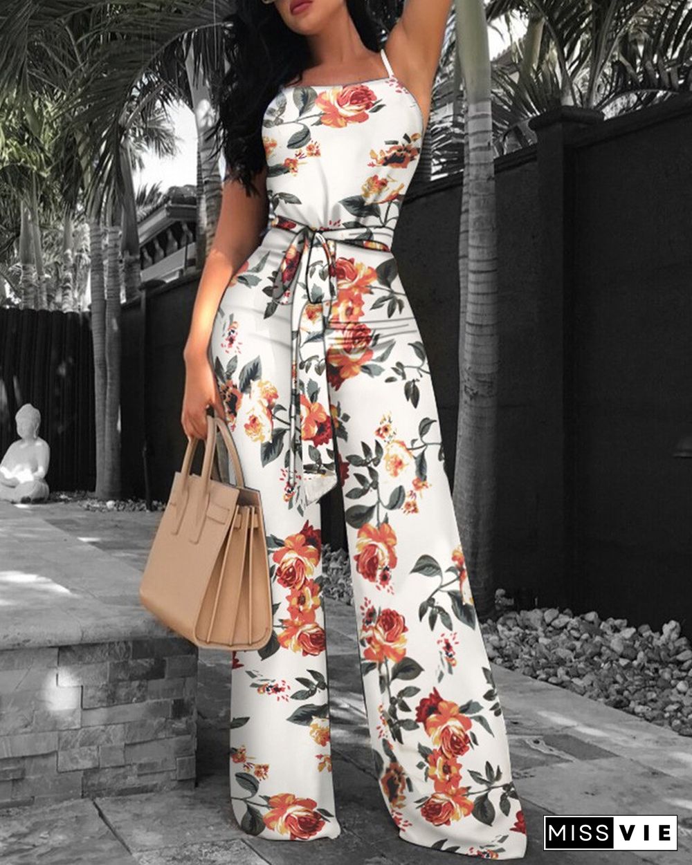 Print Floral Belted Wide Leg Jumpsuit