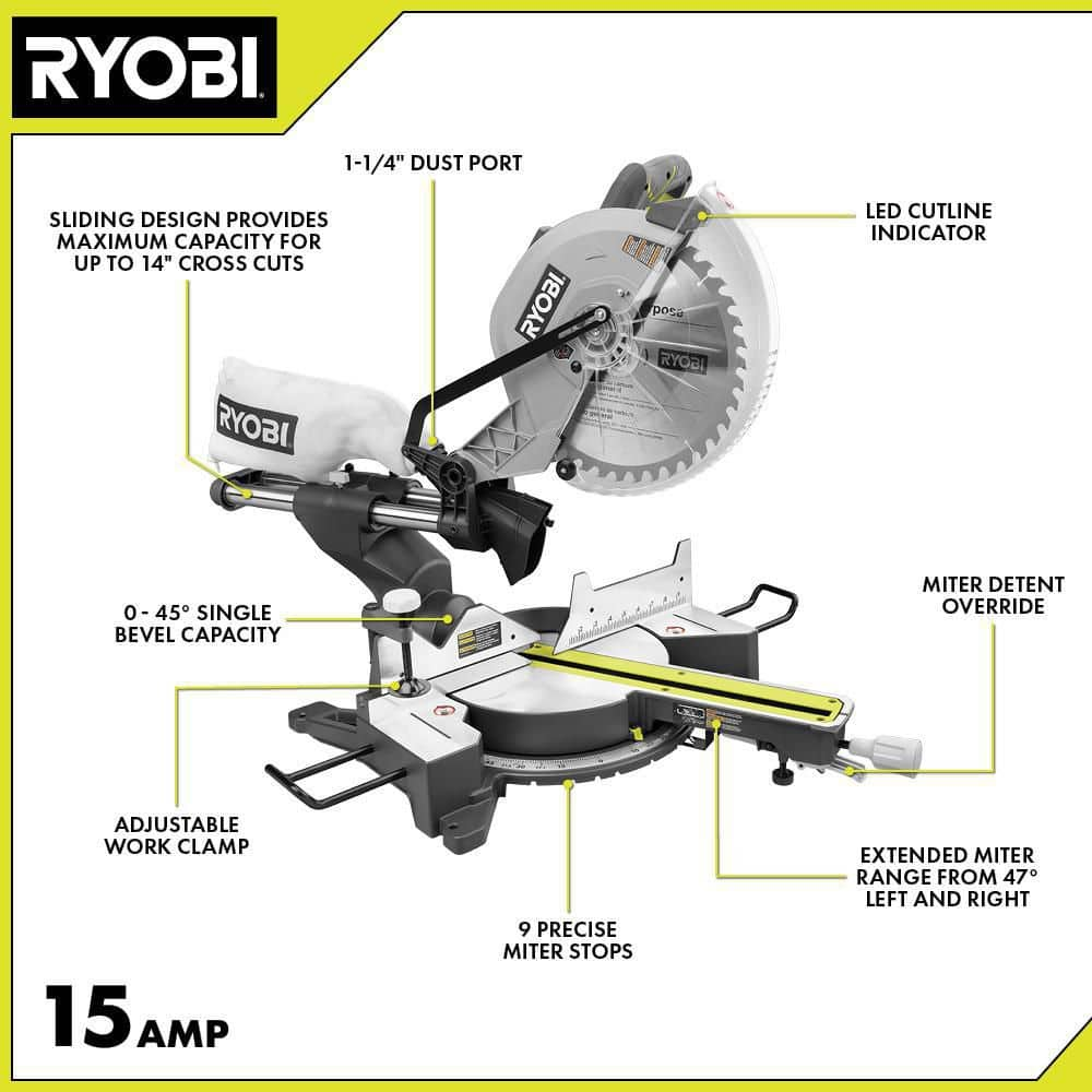 RYOBI 15 Amp 12 in. Corded Sliding Compound Miter Saw with LED Cutline Indicator TSS121