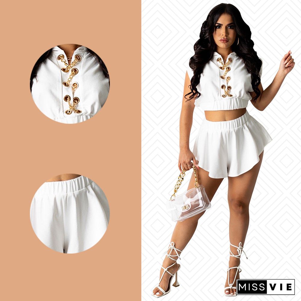 Women Summer Solid Color Short Sleeve Chain Hooded Crop Top Streetwear Two Piece Shorts Set