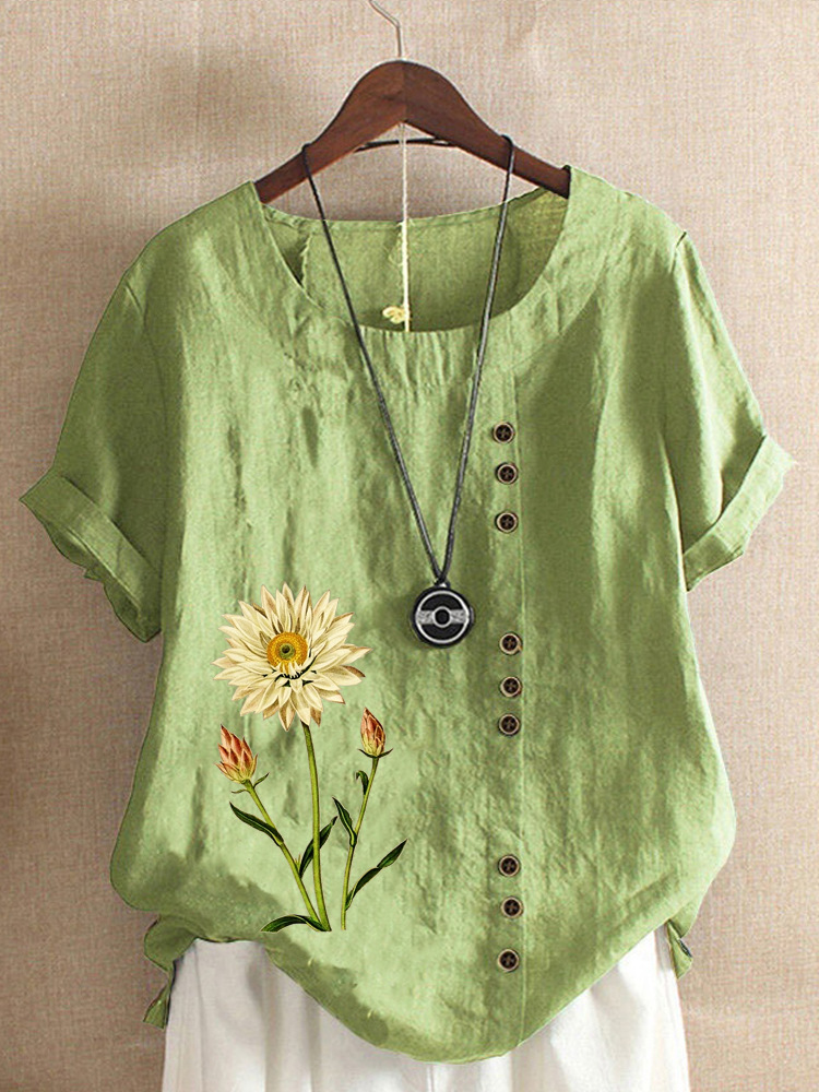 Round Neck Casual Loose Floral Print Short Sleeve Blouse