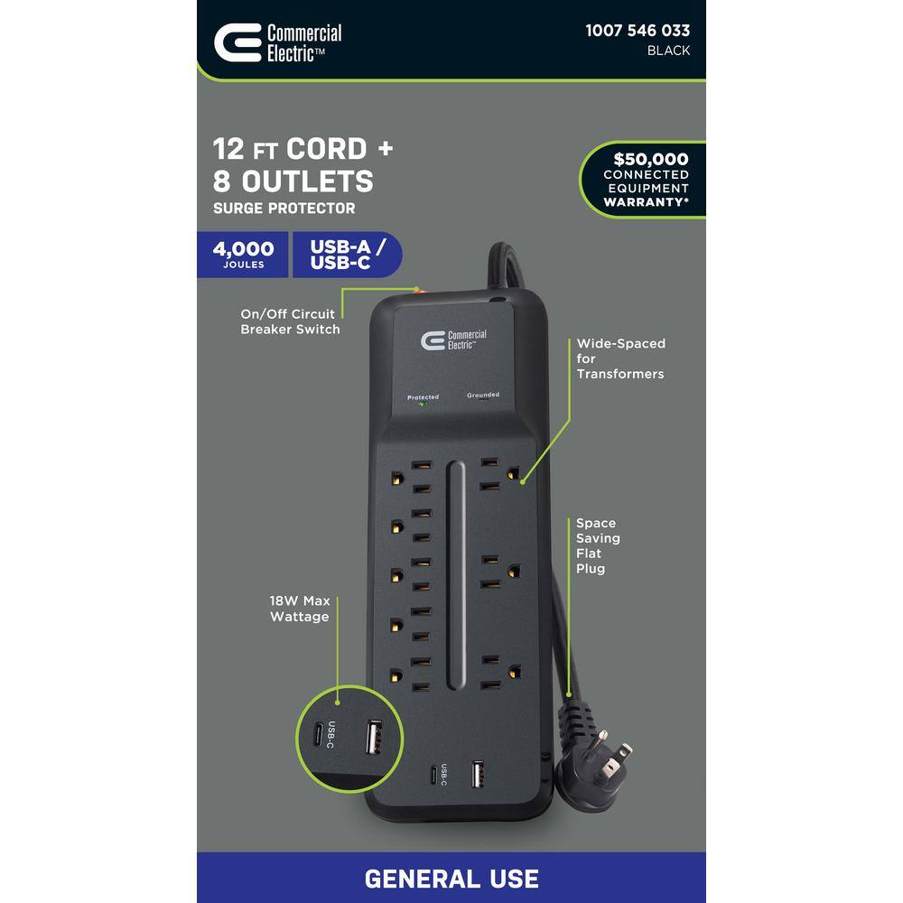 Commercial Electric 12 ft. Braided Cord 8-Outlet Surge Protector with 1 USB and 1 USB-C Black YLPT-131B