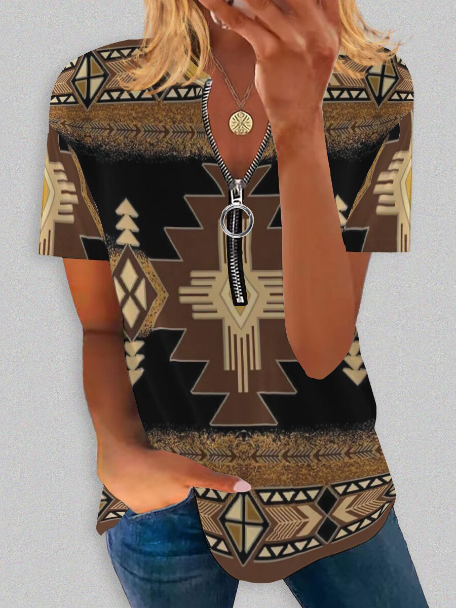 Round Neck Casual Loose Ethnic Geometric Print Short-sleeved T-shirt